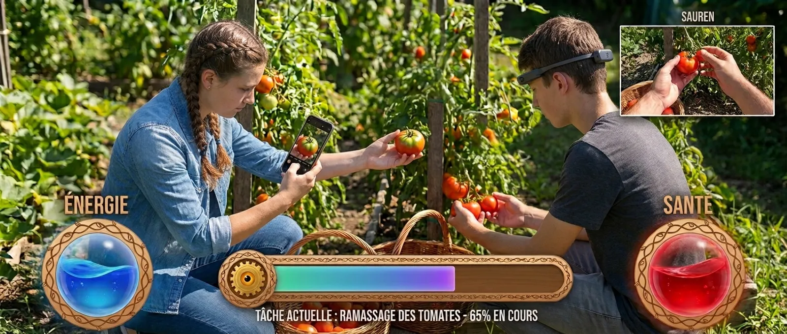 Deux jeunes récoltent des tomates au potager, guidés en direct par Sauren